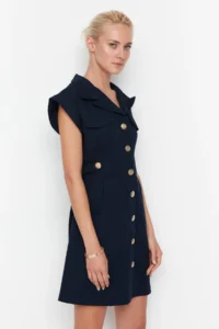 TRENDYOLMİLLA Navy Blue Button Detailed Gabardine Mini Weaving Shirt Dress - Image 2