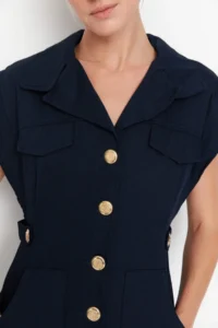 TRENDYOLMİLLA Navy Blue Button Detailed Gabardine Mini Weaving Shirt Dress - Image 5