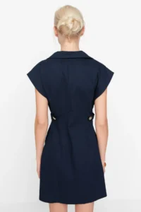 TRENDYOLMİLLA Navy Blue Button Detailed Gabardine Mini Weaving Shirt Dress - Image 6