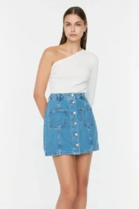 TRENDYOLMiLLA Mavi More Sustainable Front Buttoned Stitching Detailed Mini Denim Skirt