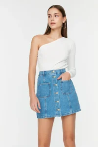 TRENDYOLMiLLA Mavi More Sustainable Front Buttoned Stitching Detailed Mini Denim Skirt - Image 2