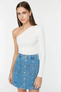 TRENDYOLMiLLA Mavi More Sustainable Front Buttoned Stitching Detailed Mini Denim Skirt - Image 3