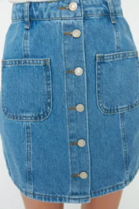 TRENDYOLMiLLA Mavi More Sustainable Front Buttoned Stitching Detailed Mini Denim Skirt - Image 4