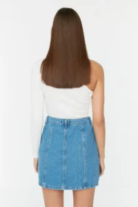 TRENDYOLMiLLA Mavi More Sustainable Front Buttoned Stitching Detailed Mini Denim Skirt - Image 5