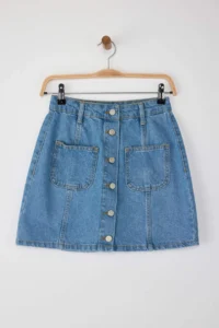 TRENDYOLMiLLA Mavi More Sustainable Front Buttoned Stitching Detailed Mini Denim Skirt - Image 6