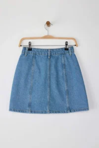 TRENDYOLMiLLA Mavi More Sustainable Front Buttoned Stitching Detailed Mini Denim Skirt - Image 7