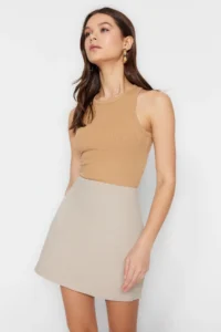 TRENDYOLMiLLA Beige Basic High Waist A-line Mini Size Weaving Skirt - Image 7