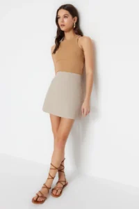TRENDYOLMiLLA Beige Basic High Waist A-line Mini Size Weaving Skirt - Image 8