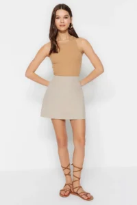 TRENDYOLMiLLA Beige Basic High Waist A-line Mini Size Weaving Skirt - Image 9