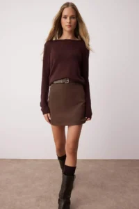 TRENDYOLMiLLA Dark Brown High Waist A-line Mini Weaving Skirt - Image 2