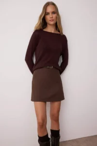 TRENDYOLMiLLA Dark Brown High Waist A-line Mini Weaving Skirt - Image 3