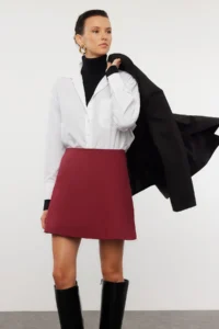 TRENDYOLMiLLA Koyu Burgundy High Waist A-line Mini Weaving Skirt