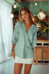 TRENDYOLMİLLA Khaki Flower Embroidery Detailed Cotton Oversized Wide Cut Weaving Shirt
