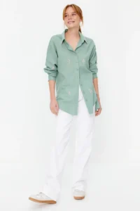 TRENDYOLMİLLA Khaki Flower Embroidery Detailed Cotton Oversized Wide Cut Weaving Shirt - Image 2
