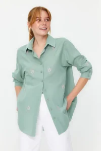 TRENDYOLMİLLA Khaki Flower Embroidery Detailed Cotton Oversized Wide Cut Weaving Shirt - Image 3