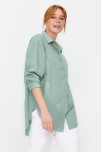 TRENDYOLMİLLA Khaki Flower Embroidery Detailed Cotton Oversized Wide Cut Weaving Shirt - Image 4