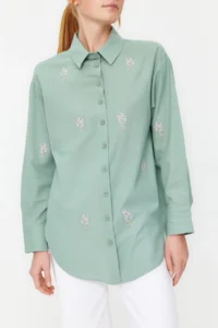 TRENDYOLMİLLA Khaki Flower Embroidery Detailed Cotton Oversized Wide Cut Weaving Shirt - Image 5
