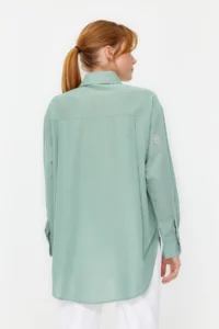 TRENDYOLMİLLA Khaki Flower Embroidery Detailed Cotton Oversized Wide Cut Weaving Shirt - Image 7
