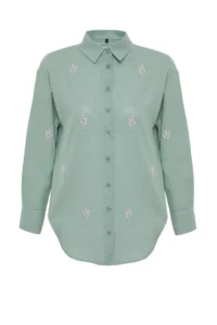 TRENDYOLMİLLA Khaki Flower Embroidery Detailed Cotton Oversized Wide Cut Weaving Shirt - Image 8