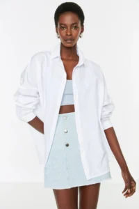 TRENDYOLMİLLA Ecru Cotton Oversized Wide Pattern Weaving Shirt - Image 2