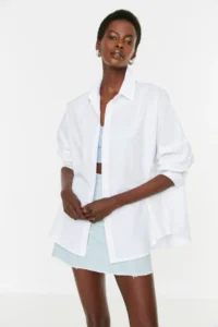 TRENDYOLMİLLA Ecru Cotton Oversized Wide Pattern Weaving Shirt - Image 3
