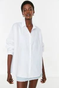 TRENDYOLMİLLA Ecru Cotton Oversized Wide Pattern Weaving Shirt - Image 4