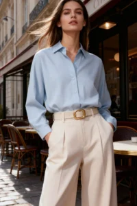 TRENDYOLMİLLA Light Blue Cotton Oversized Wide Pattern Weaving Shirt - Image 2