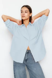 TRENDYOLMİLLA Light Blue Cotton Oversized Wide Pattern Weaving Shirt - Image 3