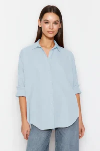 TRENDYOLMİLLA Light Blue Cotton Oversized Wide Pattern Weaving Shirt - Image 4