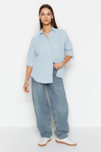 TRENDYOLMİLLA Light Blue Cotton Oversized Wide Pattern Weaving Shirt - Image 5