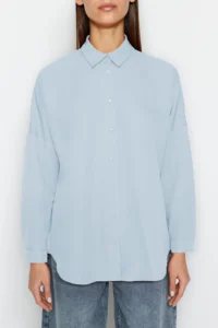TRENDYOLMİLLA Light Blue Cotton Oversized Wide Pattern Weaving Shirt - Image 6