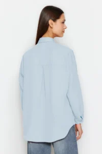 TRENDYOLMİLLA Light Blue Cotton Oversized Wide Pattern Weaving Shirt - Image 8