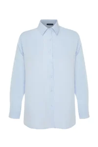 TRENDYOLMİLLA Light Blue Cotton Oversized Wide Pattern Weaving Shirt - Image 9