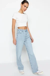 TRENDYOLMİLLA Mavi High Waist Straight Plain Kesim 100% Cotton Non-Stretch jeans