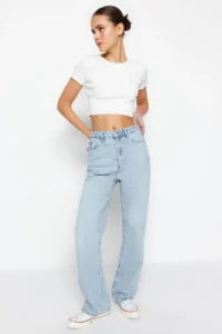 TRENDYOLMİLLA Mavi High Waist Straight Plain Kesim 100% Cotton Non-Stretch jeans - Image 2
