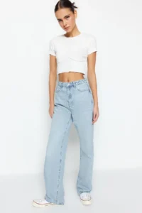 TRENDYOLMİLLA Mavi High Waist Straight Plain Kesim 100% Cotton Non-Stretch jeans - Image 3