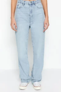 TRENDYOLMİLLA Mavi High Waist Straight Plain Kesim 100% Cotton Non-Stretch jeans - Image 4