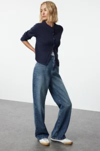 TRENDYOLMİLLA Navy Blue High Waist Wide Leg Wide Leg 100% Cotton Non-Stretch jeans - Image 2