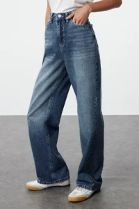 TRENDYOLMİLLA Navy Blue High Waist Wide Leg Wide Leg 100% Cotton Non-Stretch jeans - Image 4