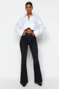 TRENDYOLMİLLA Black Contrast Stitched High Waist Middle Flexible Flare Spanish jeans - Image 2