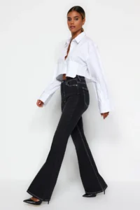 TRENDYOLMİLLA Black Contrast Stitched High Waist Middle Flexible Flare Spanish jeans - Image 3