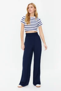 TRENDYOLMİLLA Navy Blue Wide Leg/Wide Leg Elastic Waist Weaving Pants - Image 2