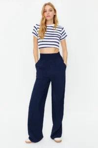 TRENDYOLMİLLA Navy Blue Wide Leg/Wide Leg Elastic Waist Weaving Pants - Image 4