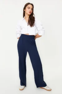 TRENDYOLMİLLA Navy Blue Wide Leg/Wide Leg Elastic Waist Weaving Pants - Image 8