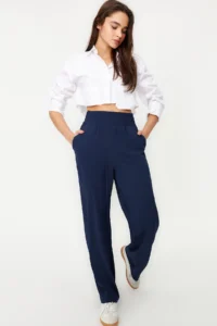 TRENDYOLMİLLA Navy Blue Wide Leg/Wide Leg Elastic Waist Weaving Pants - Image 9