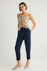TRENDYOLMİLLA Navy Blue Carrot High Waist polyviscone Weaving Pants - Image 2