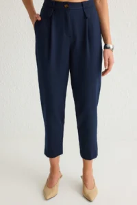 TRENDYOLMİLLA Navy Blue Carrot High Waist polyviscone Weaving Pants - Image 3