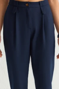 TRENDYOLMİLLA Navy Blue Carrot High Waist polyviscone Weaving Pants - Image 4