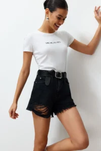 TRENDYOLMiLLA Black Ripped High Waist Mini denim Shorts