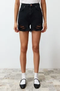 TRENDYOLMiLLA Black Ripped High Waist Mini denim Shorts - Image 4